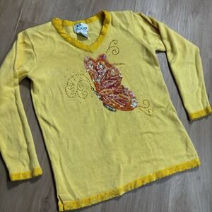 Quacker Factory Yellow Butterfly Sequin Beaded Soft Cozy Ladies Sweater V-Neck M